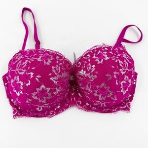 Victoria's Secret Dream Angels Lined Demi Bra Fuchsia and Silver Lace 38DDD